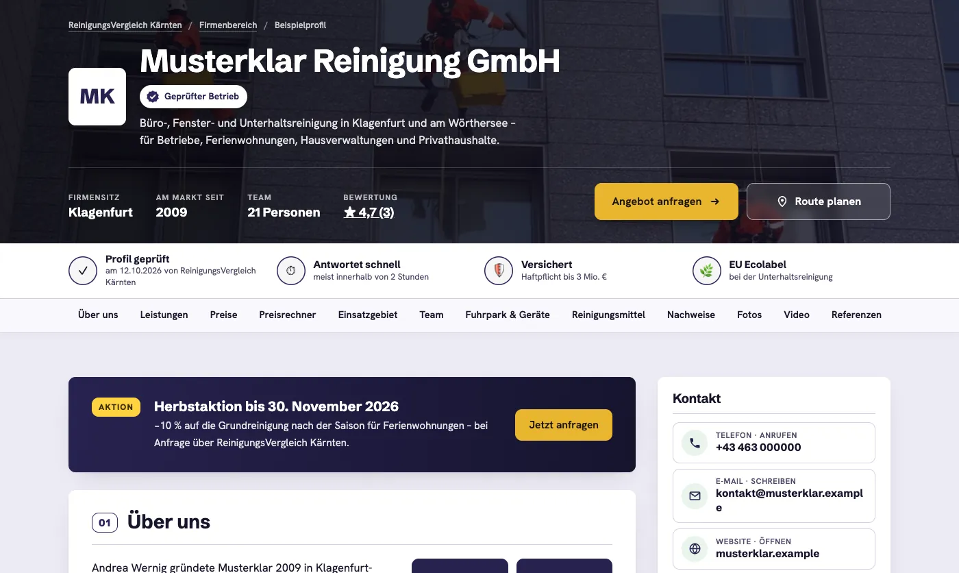 Beispielprofil am Computer: Kopf mit Siegel, Vertrauensleiste, Aktion und Kontakt