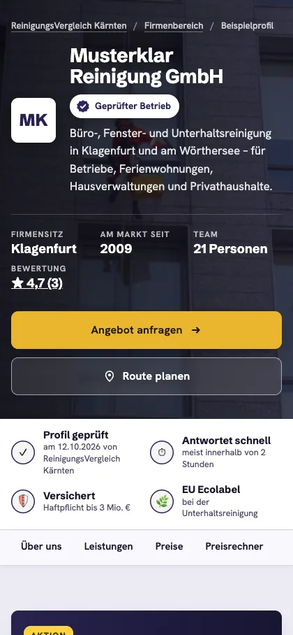 Firmenprofil auf dem Handy mit Siegel „Geprüfter Betrieb“