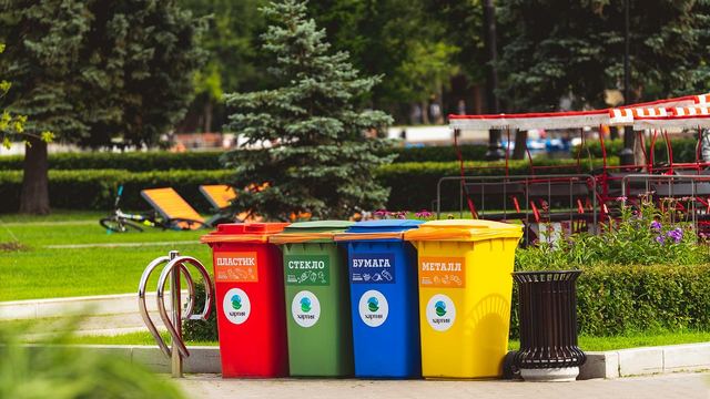 Farbige Mülltonnen für getrennte Sammlung in einem Park