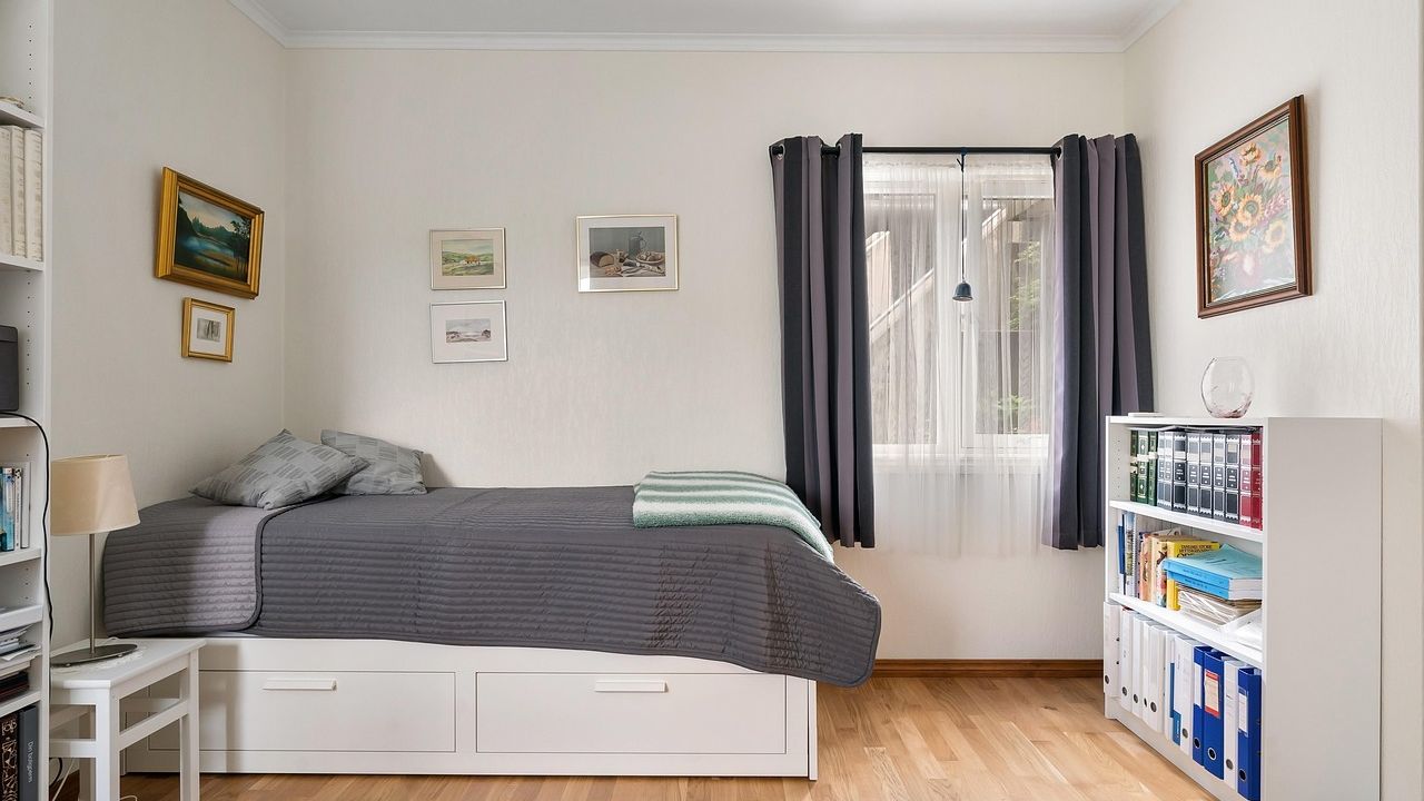 Schlafzimmer mit Schreibtisch und Bett